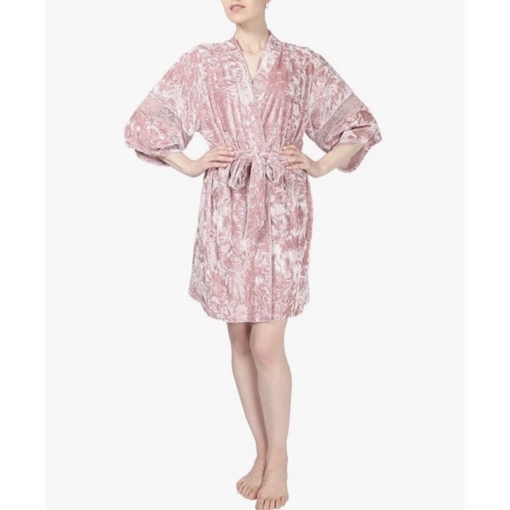 Memoi Crushed Velvet Kimono Robe Lace Inserts L Pink Wrap Loungewear